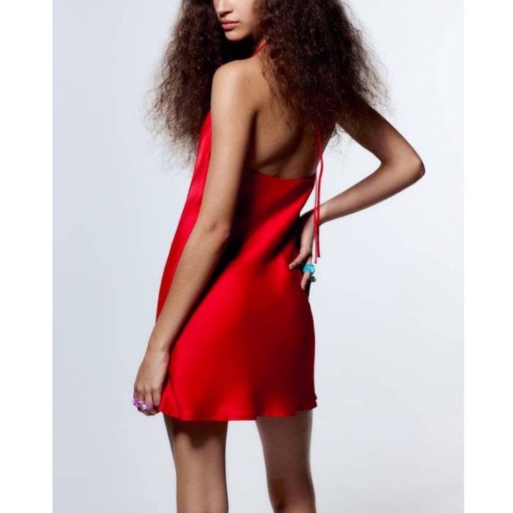 Zara NWT red satin lingerie strappy mini halter dress XS sexy